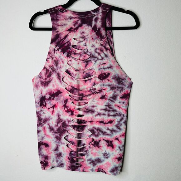 Sleeveless Cropped Hand Cut Out Plum & Pink Cream Tie Dye Crew Neck Top S - Picture 10 of 10